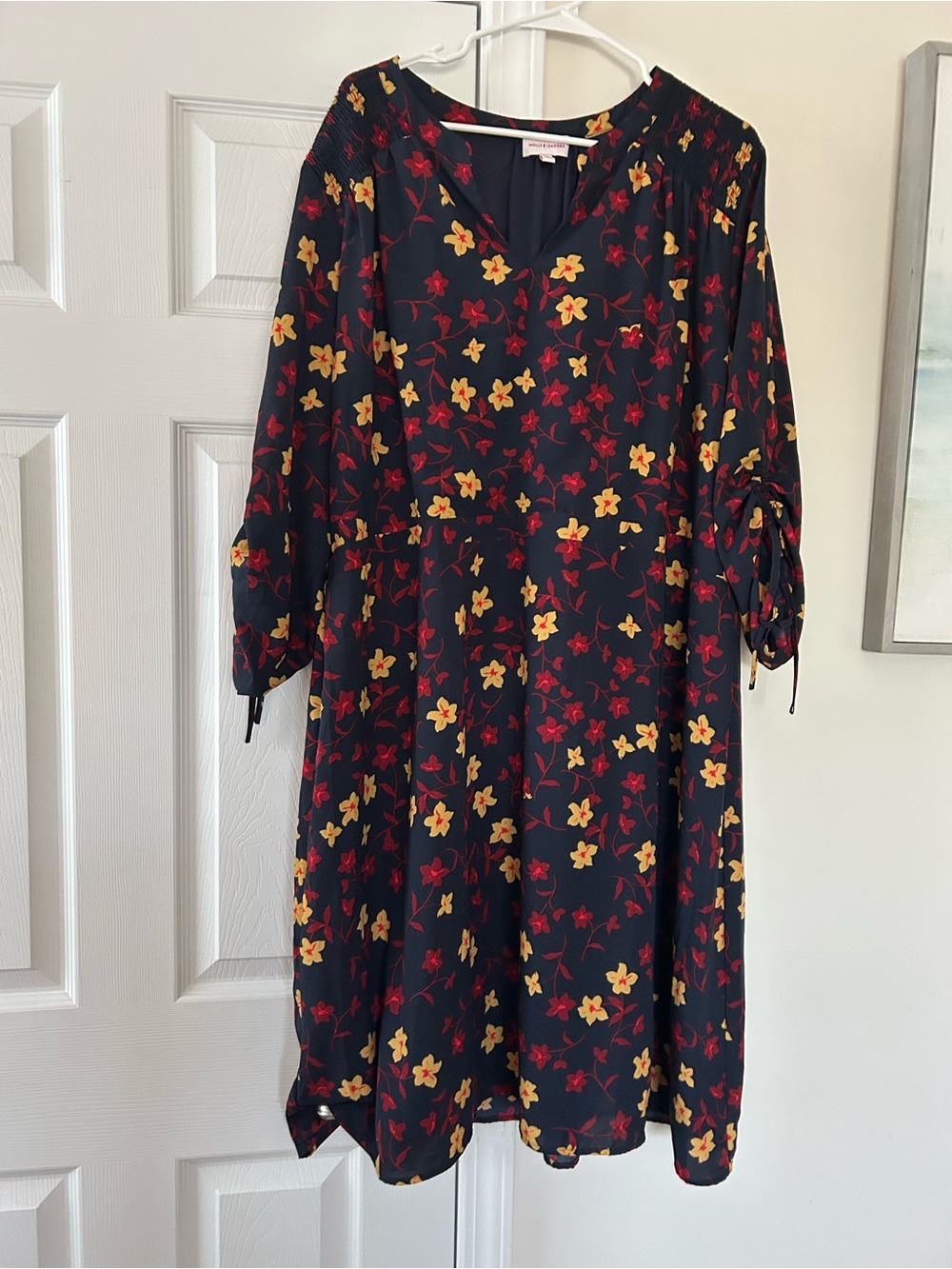 Floral V-Neck Midi Dress in Navy with Yellow & Red Blossoms